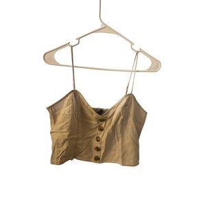 Express Y2k Beige Button-Down Spaghetti Strap Cropped Top Smocked Back L